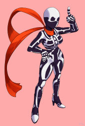 Rule 34 | 1girl, absurdres, black bodysuit, bodysuit, boots, facing viewer, fighting ex layer, full body, genderswap, genderswap (mtf), hand on own hip, high heels, highres, index finger raised, long scarf, mask, pink background, red scarf, scarf, simple background, skeleton print, skullomania, snk heroines: tag team frenzy, solo, unknownid, zentai