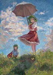 Rule 34 | 2girls, antennae, ascot, blue sky, breasts, cape, claude monet, collared shirt, flat chest, frilled skirt, frills, grass, green eyes, green hair, highres, hyoutan tan, kazami yuuka, landscape, long sleeves, medium skirt, multiple girls, outdoors, plaid, plaid skirt, plaid vest, red cape, red eyes, red skirt, red vest, shirt, short hair, skirt, skirt set, sky, small breasts, touhou, two-sided cape, two-sided fabric, vest, white shirt, wriggle nightbug
