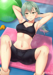 Rule 34 | 1girl, aqua hair, armpits, arms behind head, blush, breasts, cleavage, collarbone, green eyes, gym shorts, hair ornament, hairclip, highres, indoors, kanden sky, kantai collection, long hair, looking at viewer, lying, medium breasts, on back, pov, pov hands, shorts, solo focus, sports bra, spread legs, suzuya (kancolle), sweat, twitter username