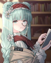 Rule 34 | 1girl, amopui, animal ears, arknights, bad id, bad pixiv id, bear ears, blue eyes, blue hair, blurry, blurry background, book, bookshelf, braid, commentary request, flower, frilled hairband, frills, hair flower, hair ornament, hairband, highres, holding, holding book, indoors, istina (arknights), istina (bibliosmia) (arknights), lolita hairband, long hair, long sleeves, low-braided long hair, low-tied long hair, monocle, neckerchief, official alternate costume, red hairband, red neckerchief, solo, sparkle, upper body, white flower
