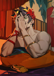 Rule 34 | 1boy, absurdres, biceps, black hair, commentary, covering face, english commentary, fan mu zhang, green eyes, hades (series), hades 1, highres, laurel crown, looking at viewer, lying, male focus, muscular, muscular male, on bed, on pillow, on stomach, pectorals, pillow, short hair, solo, spiked hair, topless male, zagreus (hades)