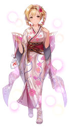 Rule 34 | 1girl, blonde hair, boba, bow, braid, brown eyes, closed mouth, djeeta (granblue fantasy), floral print, flower, frilled kimono, frills, full body, granblue fantasy, hair bow, hair flower, hair ornament, highres, japanese clothes, kimono, looking at viewer, medium hair, print kimono, red bow, red flower, simple background, smile, solo, standing, twin braids, white background, white flower, white kimono, yukata