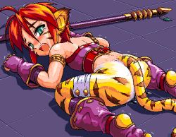 Rule 34 | 1girl, :o, animal ears, armlet, ass, boots, bottomless, breath of fire, breath of fire ii, brown hair, cat ears, cat tail, facial mark, fingerless gloves, fur, gloves, green eyes, knee boots, legs, lowres, oekaki, open mouth, purple background, red hair, redrantem, rinpoo chuan, short hair, solo, staff, sweat, tail, tears, thighs, tiger ears, tiger tail, tomoshibi hidekazu, weapon