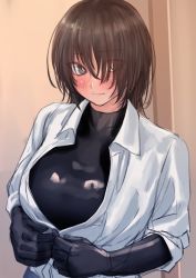 Rule 34 | 1girl, black gloves, blush, bodysuit, breasts, brown hair, closed mouth, collared shirt, eyes visible through hair, gimp suit, gloves, hair over one eye, highres, kilye kairi, large breasts, latex, latex bodysuit, long sleeves, looking at viewer, original, shiny clothes, shirt, short hair, skin tight, solo, upper body, white shirt