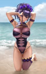 Rule 34 | 1girl, armband, arms behind head, arms up, barefoot, beach, breasts, commentary request, fate/grand order, fate (series), flower, gold trim, hair flower, hair ornament, highleg, highleg swimsuit, highres, kneeling, large breasts, looking at viewer, murasaki shikibu (fate), murasaki shikibu (swimsuit rider) (fate), murasaki shikibu (swimsuit rider) (first ascension) (fate), one-piece swimsuit, purple eyes, purple hair, sand, see-through, single thighhigh, swimsuit, thighhighs, water, waves, yamaneko (tkdrumsco)