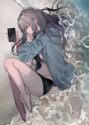 Rule 34 | 1girl, absurdres, bare legs, barefoot, bikini, black bikini, blue jacket, cellphone, closed mouth, commentary request, cracked screen, crying, crying with eyes open, full body, green eyes, grey hair, highres, holding, holding phone, jacket, long hair, long sleeves, lying, ocean, on ground, on side, open clothes, open jacket, original, outdoors, phone, profile, shinonome nemu (nemulog sn), smartphone, solo, swimsuit, tears, water