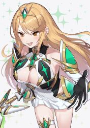 Rule 34 | 1girl, absurdres, aegis sword (xenoblade), backless outfit, bare legs, blonde hair, blush, breasts, chest jewel, cleavage, cleavage cutout, clothing cutout, dress, elbow gloves, gloves, green322, highres, large breasts, long hair, looking at viewer, microdress, mythra (xenoblade), open mouth, smile, solo, swept bangs, sword, tiara, weapon, white dress, white gloves, xenoblade chronicles (series), xenoblade chronicles 2, yellow eyes