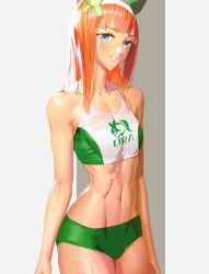 Rule 34 | 1girl, abs, absurdres, animal ears, athungkaew, blue eyes, bra, breasts, buruma, commentary, cowboy shot, green bra, green buruma, grey background, hairband, highres, horse ears, lips, long hair, looking at viewer, medium breasts, navel, orange hair, parted lips, see-through, silence suzuka (umamusume), simple background, sleeveless, smile, solo, sports bra, sportswear, stomach, straight hair, sweat, toned, two-tone bra, two-tone sports bra, umamusume, underwear, wet, wet clothes, white bra