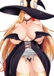 Rule 34 | 1girl, absurdres, animal ear fluff, animal ears, ar (lover boy), areola slip, bare shoulders, blonde hair, blush, breasts, fox ears, fox girl, halloween costume, hand on own chest, hat, hat over one eye, highres, huge breasts, long hair, looking at viewer, no bra, one eye covered, original, pout, red eyes, revealing clothes, slit pupils, solo, thick thighs, thighs, very long hair, white background, wide hips, witch hat