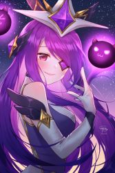 Rule 34 | 1girl, artist name, bare shoulders, breasts, elbow gloves, eyepatch, from side, gloves, gradient background, hair ornament, highres, large breasts, league of legends, long hair, pink eyes, purple hair, shiny skin, shrimp cake, smile, solo, star (symbol), star guardian (league of legends), star guardian syndra, starry background, syndra, upper body, watermark, white gloves