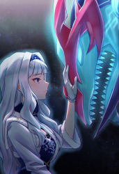 Rule 34 | 1girl, 24riside, absurdres, breasts, commission, cropped jacket, crossover, dragon, duel monster, earrings, galaxy-eyes photon dragon, gloves, hair ornament, hairband, highres, idolmaster, idolmaster million live!, idolmaster million live! theater days, jacket, jewelry, long hair, long sleeves, open clothes, open jacket, petting, pixiv commission, purple eyes, sharp teeth, shijou takane, smile, star (symbol), star earrings, star hair ornament, teeth, white gloves, white hair, yu-gi-oh!