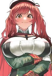 Rule 34 | 1girl, areola slip, arm under breasts, azur lane, beret, between breasts, blush, breasts, cape, chest harness, closed mouth, harness, hat, italian flag, large breasts, long hair, looking at viewer, military, military uniform, ootani nonno, red cape, red hair, solo, twintails, uniform, yellow eyes, zara (azur lane)
