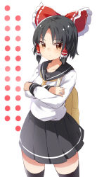 Rule 34 | 1girl, alternate costume, black hair, black sailor collar, black skirt, black thighhighs, blush, bow, breasts, brown hair, closed mouth, commentary request, cookie (touhou), cowboy shot, crossed arms, expressionless, frilled bow, frilled hair tubes, frills, hair bow, hair tubes, hakurei reimu, highres, long sleeves, looking at viewer, medium breasts, neckerchief, parted bangs, pleated skirt, red bow, sailor collar, sananana (cookie), school uniform, serafuku, shirt, short hair, skirt, solo, thighhighs, touhou, white background, white shirt, yellow bag, yellow neckerchief, yumekamaborosh