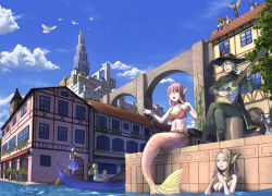 Rule 34 | 6+boys, 6+girls, ater9, bard, bikini, bird, black bikini, black hair, blonde hair, blue sky, brown hair, building, canal, closed eyes, commentary request, day, fantasy, fins, green hair, hat, head fins, highres, holding, holding oar, instrument, long hair, lute (instrument), mermaid, monster girl, multiple boys, multiple girls, music, navel, oar, orange hair, original, outdoors, partially submerged, pink hair, playing instrument, red bikini, revision, rowboat, scenery, short hair, singing, sitting, sky, standing, swimsuit, town, tree, water, wings