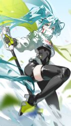 Rule 34 | 1girl, absurdly long hair, absurdres, aqua hair, asymmetrical bodysuit, black bodysuit, black gloves, bodysuit, boots, covered mouth, cropped jacket, flag, flagpole, foot out of frame, gloves, goodsmile racing, green gloves, hatsune miku, highres, holding, holding flag, holding pole, jacket, jiu ye sang, knee up, long hair, long sleeves, looking at viewer, mask, motion blur, mouth mask, pole, racing miku, racing miku (2022), single leg bodysuit, single thigh boot, solo, text print, thigh boots, twintails, two-tone gloves, very long hair, vocaloid, white jacket
