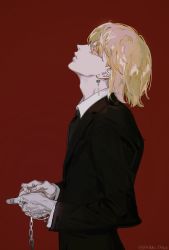 Rule 34 | 1boy, adam&#039;s apple, black jacket, black necktie, blonde hair, chain, closed mouth, collared shirt, colored eyelashes, earrings, eyelashes, formal, from side, frown, highres, hong 3740, hunter x hunter, jacket, jewelry, kurapika, long sleeves, looking away, looking up, multiple rings, necktie, own hands together, profile, red background, red eyes, ring, sad, shirt, short hair, solo, suit, twitter username, upper body, white shirt