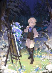Rule 34 | 1boy, akaneu, albedo (genshin impact), boots, bug, butterfly, closed mouth, flower, forest, genshin impact, grass, green eyes, highres, insect, nature, plant, snow, standing