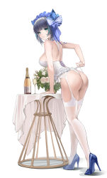 Rule 34 | 1girl, absurdres, ass, azur lane, black hair, blue footwear, bottle, breasts, cheshire (azur lane), chinese commentary, commentary request, cup, drinking glass, flower, full body, garter belt, green eyes, green hair, high heels, highres, janload1ng, large breasts, leotard, looking at viewer, multicolored hair, plant, potted plant, pumps, rose, shoes, short hair, simple background, solo, standing, stiletto heels, streaked hair, table, thighhighs, white background, white flower, white leotard, white rose, white thighhighs