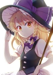 Rule 34 | 1girl, apron, backlighting, black vest, blonde hair, bow, bowtie, braid, broom, commentary request, hair bow, hand on headwear, hat, hat bow, kirisame marisa, long hair, looking at viewer, mikagami hiyori, purple bow, purple bowtie, shirt, short sleeves, solo, touhou, translation request, upper body, vest, white background, white shirt, witch hat, yellow eyes