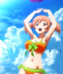 Rule 34 | 1girl, :d, anime screencap, ball, beach, beachball, bikini, breasts, brown eyes, brown hair, cleavage, cloud, curvy, happy, hataraku maou-sama!, highres, large breasts, navel, open mouth, sasaki chiho, screencap, short hair, smile, solo, stitched, swimsuit, third-party edit, twintails, water
