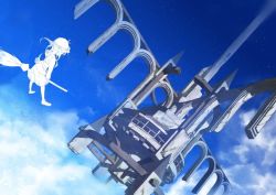 Rule 34 | 1girl, blue sky, broom, broom riding, cloud, day, dutch angle, floating city, from above, original, sky, yadokari (migihashi)