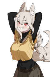Rule 34 | 1girl, absurdres, animal ear fluff, animal ears, belt, black bodysuit, blush, bodysuit, bodysuit under clothes, breasts, cafe92, commentary, dark skin, english commentary, fang, fox ears, grey hair, grin, highres, large breasts, long hair, looking at viewer, low-tied long hair, original, pleated skirt, shirt, simple background, skirt, smile, solo, white background, yellow shirt