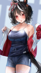 Rule 34 | 1girl, absurdres, ahoge, animal ears, black hair, blurry, blurry background, blush, bob cut, breasts, collarbone, competition school swimsuit, cowboy shot, hair between eyes, highres, horse ears, horse girl, horse tail, jacket, kitasan black (umamusume), large breasts, multicolored hair, open clothes, open jacket, open mouth, po musubi, red eyes, red jacket, school swimsuit, short hair, solo, streaked hair, swimsuit, tail, tracen swimsuit, tracen training uniform, two-tone hair, umamusume, wet, wet clothes, wet hair, wet swimsuit, white hair