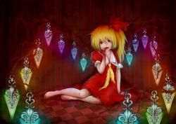 1girl bad_deviantart_id bad_id barefoot blonde_hair blood checkered_floor crystal dress female_focus flandre_scarlet floor image_sample p2ichigo red_dress red_eyes red_ribbon ribbon solo touhou wings