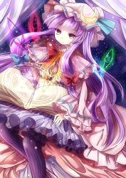 Rule 34 | 1girl, aliprojectlove, book, crescent, crystal, hair ribbon, hat, long hair, magic circle, patchouli knowledge, purple eyes, purple hair, ribbon, sitting, solo, striped clothes, striped thighhighs, thighhighs, touhou, ukita uuko, vertical-striped clothes, vertical-striped thighhighs