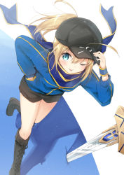 Rule 34 | 1girl, ;p, aqua eyes, artoria pendragon (all), artoria pendragon (fate), bad id, bad pixiv id, blonde hair, boots, chm (macharge), cross-laced footwear, excalibur (fate/stay night), fate/grand order, fate (series), hand in pocket, hat, long hair, mysterious heroine x (fate), one eye closed, planted, planted sword, planted weapon, ponytail, rojiura satsuki : chapter heroine sanctuary, saber (fate), shorts, solo, sword, tongue, tongue out, weapon