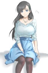 Rule 34 | 1girl, asymmetrical hair, between legs, black hair, black pantyhose, blue eyes, blue shirt, blue skirt, breasts, burn the witch, dress, earrings, feet out of frame, hair ornament, half-closed eyes, hand between legs, highres, jewelry, large breasts, long hair, mitsugu, necklace, niihashi noel, pantyhose, shirt, signature, simple background, single earring, sitting, skirt, smile, solo, watercolor effect, white background