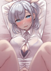 Rule 34 | 1girl, absurdres, bed sheet, black bra, blue eyes, blush, bra, breasts, buttons, cleavage, collared shirt, feet out of frame, grey hair, hair between eyes, heart, heart-shaped pupils, highres, kantai collection, kiritto, large breasts, long hair, long sleeves, looking at viewer, navel, one side up, open mouth, shirt, smile, solo, suzutsuki (kancolle), symbol-shaped pupils, underwear, white shirt