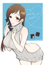 Rule 34 | 10s, 1girl, backless dress, backless outfit, bare arms, bare back, bare shoulders, blush, breasts, brown eyes, brown hair, chocolate, dress, female focus, grey sweater, halterneck, heart, idolmaster, idolmaster cinderella girls, large breasts, long hair, looking at viewer, meme attire, naked sweater, nitta minami, ribbed sweater, smile, solo, sumeragi kohaku, sweater, sweater dress, turtleneck, turtleneck sweater, valentine, virgin killer sweater