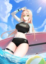 Rule 34 | 1girl, arm up, ball, beachball, holding behind back, bird, black nails, black shirt, black shorts, blonde hair, blue sky, blush, bracelet, breasts, closers, cloud, cowboy shot, cropped shirt, dutch angle, fisheye, from below, green eyes, hand on own head, highres, holding, holding surfboard, jewelry, large breasts, lens flare, long hair, long sleeves, looking at viewer, micro shorts, navel, ocean, official art, seagull, shirt, shorts, sky, smile, solo, soma (closers), standing, stomach, surfboard, thigh strap, tight clothes, tight shirt, two-tone shirt, wading, white shirt