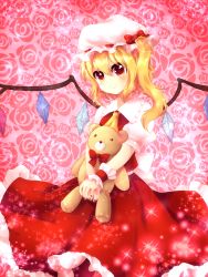 Rule 34 | 1girl, ascot, blonde hair, bow, crystal, flandre scarlet, floral background, frilled shirt, frilled shirt collar, frilled skirt, frilled sleeves, frills, hat, hat ribbon, highres, holding, looking at viewer, medium hair, metyuu, mob cap, one side up, puffy short sleeves, puffy sleeves, red bow, red eyes, red ribbon, red skirt, red vest, ribbon, rose background, shirt, short hair, short sleeves, skirt, smile, solo, sparkle, stuffed animal, stuffed toy, teddy bear, touhou, vest, white shirt, wings, yellow ascot