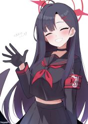Rule 34 | 1girl, black gloves, black hair, black shirt, blue archive, bow, bowtie, closed eyes, gloves, highres, ichika (blue archive), long hair, long sleeves, looking at viewer, sazamiso rx, shirt, smile, solo