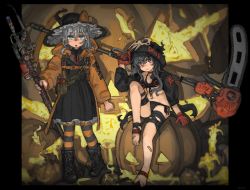 Rule 34 | 2girls, akatsuki (kancolle), alternate costume, bag, bandaid, bandaid on foot, bandaid on knee, bandaid on leg, barefoot, bikini, black bikini, black border, black dress, black footwear, black headwear, blue eyes, boots, border, bow, chainsaw, choker, closed mouth, dress, gloves, grey hair, halloween, hat, hat bow, hibiki (kancolle), holding, holding weapon, hood, hood down, hood up, hooded jacket, jack-o&#039;-lantern, jacket, kantai collection, knee boots, kuro4221, long hair, long sleeves, multiple girls, orange jacket, purple eyes, red gloves, red neckwear, side-tie bikini bottom, signature, sitting, skull, skull on head, standing, striped clothes, striped legwear, striped thighhighs, swimsuit, thighhighs, tongue, weapon, weapon request, witch hat