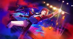 Rule 34 | 1boy, ahoge, belt, black necktie, clenched hands, confetti, facial hair, fingernails, gloves, goatee, hand up, highres, idolmaster, idolmaster side-m, idolmaster side-m growing stars, male focus, necktie, official art, pants, red eyes, red hair, shirt, single glove, smile, solo, stage lights, star (symbol), star print, teeth, tendo teru, third-party source