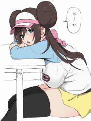 Rule 34 | 1girl, alternate breast size, black thighhighs, blue eyes, bow, breasts, brown hair, creatures (company), desk, double bun, game freak, hair bun, highres, large breasts, long hair, looking at viewer, nintendo, nishikino kee, on desk, open mouth, partially colored, pink bow, pokemon, pokemon bw2, raglan sleeves, resting, rosa (pokemon), school desk, short shorts, shorts, simple background, sitting, on desk, skindentation, thighhighs, twintails, very long hair, visor cap, white background, yellow shorts