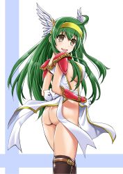 Rule 34 | 1girl, ahoge, arm guards, ass, awakening (sennen sensou aigis), breasts, brown eyes, carrie (sennen sensou aigis), cowboy shot, flat ass, from side, gloves, green hair, hairband, head wings, highres, large breasts, long hair, looking back, no panties, open mouth, sennen sensou aigis, shoulder pads, sideboob, simple background, solo, thighhighs, tsubakiyama parry, white gloves, wings