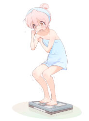 Rule 34 | 1girl, balance, bare arms, bare shoulders, blush, collarbone, dot nose, feet, genderswap, genderswap (mtf), highres, onii-chan wa oshimai!, open mouth, oyama mahiro, scale, simple background, solo, thighs, toes, towel, white background