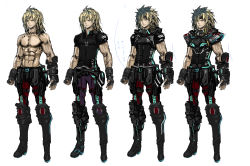 Rule 34 | abs, armor, black footwear, black gloves, black pants, black shirt, blonde hair, boots, clenched hand, fingerless gloves, full body, gloves, highres, male focus, medium hair, navel, official art, open hand, pants, pectorals, production art, raymond lawrence, red pants, shirt, shoulder armor, simple background, smile, star ocean, star ocean the divine force, topless male, variations, yasuda akira, yellow eyes
