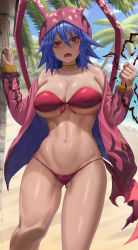 Rule 34 | 1girl, absurdres, bikini, blue hair, blurry, blurry background, breasts, choker, commentary request, disgaea, fingernails, gluteal fold, hair between eyes, highres, hood, jacket, laharl, laharl-chan, large breasts, long sleeves, looking at viewer, makai senki disgaea, navel, open clothes, open jacket, open mouth, outdoors, palm tree, pink jacket, red bikini, red eyes, short hair, silvertsuki, solo, standing, stomach, swimsuit, thighs, tree, yellow choker