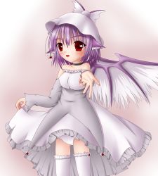 Rule 34 | 1girl, alternate costume, bare shoulders, bird wings, breasts, choker, clothes lift, detached sleeves, dress, earrings, fingernails, gradient background, hat, highres, jewelry, looking at viewer, mystia lorelei, nail polish, open mouth, outstretched hand, panties, pink background, purple hair, red eyes, rishu (stilla stella), sharp fingernails, single earring, skirt, skirt lift, solo, strapless, strapless dress, thighhighs, touhou, underwear, upskirt, white panties, white thighhighs, wings
