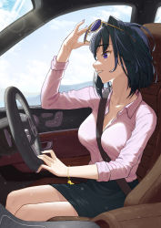 Rule 34 | 1girl, absurdres, bangom r, between breasts, black hair, black skirt, boros (ouro kronii), bracelet, breasts, car interior, collared shirt, driving, eyewear lift, hair intakes, highres, hololive, hololive english, jewelry, large breasts, long sleeves, looking away, nail polish, ouro kronii, parted lips, pink shirt, profile, purple eyes, purple nails, seatbelt, shirt, short hair, sitting, skirt, solo, strap between breasts, sunglasses, virtual youtuber