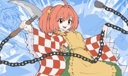 Rule 34 | 1girl, apron, bell, buttons, chain, character name, checkered clothes, checkered kimono, clothes writing, eyes visible through hair, hair bell, hair ornament, holding, holding weapon, japanese clothes, kikoka (mizuumi), kimono, kusarigama, long hair, motoori kosuzu, open mouth, red eyes, red hair, romaji text, sickle, sketch, smile, solo, teeth, touhou, twintails, two side up, weapon
