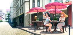 Rule 34 | 10s, 2girls, :d, ankle lace-up, aqua eyes, blonde hair, blue hair, bosshi, breasts, cafe, chair, cleavage, cleavage cutout, clothing cutout, cobblestone, cross-laced footwear, cup, dress, flower, hair flower, hair ornament, hair ribbon, large breasts, legs, multiple girls, necktie, ojousama wa h ga osuki, one eye closed, open mouth, pavement, reira (ojousama), ribbon, road, sandals, shade, shorts, siblings, sisters, sitting, sleeveless, smile, street, table, tamaki (ojousama), vanishing point, wind, wink