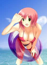 Rule 34 | 1girl, :d, absurdres, bent over, bikini, breasts, cleavage, day, fang, green eyes, highres, innertube, large breasts, navel, ocean, open mouth, original, paradise king, red bikini, red hair, short hair, smile, solo, swim ring, swimsuit, wading, water