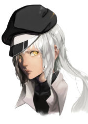 Rule 34 | 1girl, bad id, bad pixiv id, black hat, black shirt, closed mouth, collared shirt, copyright request, hat, highres, looking at viewer, portrait, shirt, silver hair, simple background, solo, soya (torga), turtleneck, white background, wing collar, yellow eyes