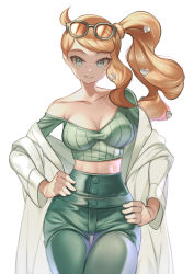 Rule 34 | 1girl, absurdres, bad id, bad pixiv id, breasts, buttons, cleavage, collarbone, commentary, creatures (company), eyelashes, eyewear on head, fish bread, game freak, green eyes, green pants, green shirt, hair ornament, hands on own hips, heart, heart hair ornament, highres, lab coat, long hair, nintendo, off shoulder, orange hair, pants, parted lips, pokemon, pokemon swsh, ribbed shirt, shirt, side ponytail, simple background, smile, solo, sonia (pokemon), sunglasses, white background